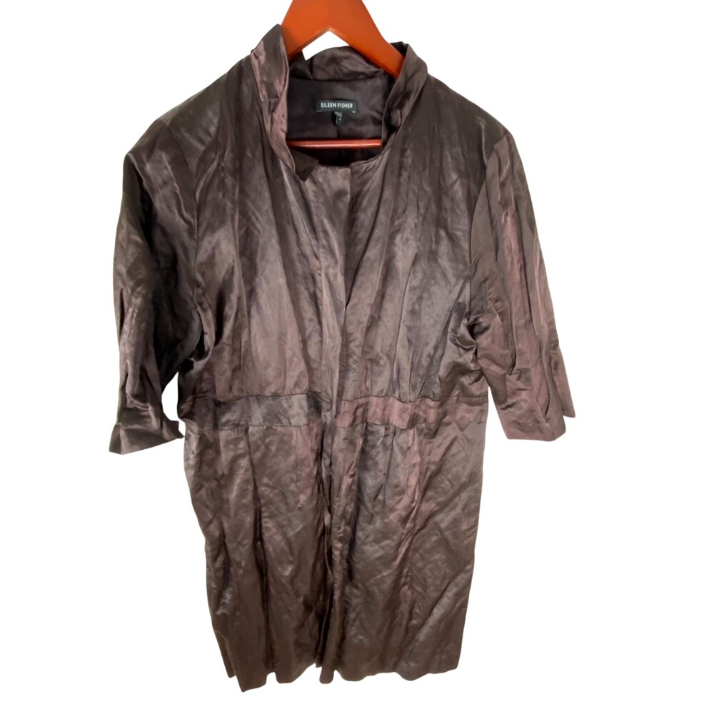 Eileen Fisher Steel Satin Coat Womens Large Brown Lined Cotton Long Sleeve Snap